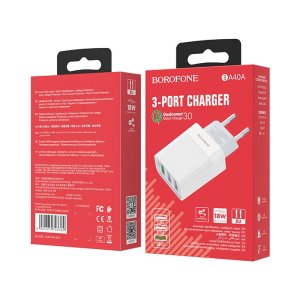 Borofone BA40A Quick Wall Charger QC 3.0 - 18W - 3 Port - White