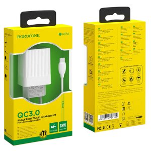 Borofone BA47A Quick Wall Charger QC 3.0 - 18W - Single Port - Micro Cable - White