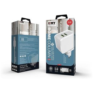 EMY MY-A203 Wall Charger 2.4A - 2 Port - Micro Cable - White