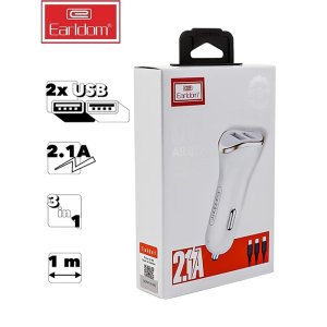 Earldom ES-120 Car Charger 2.1A - 2 Port - 3 in 1 Cable (Micro + Lightning + Type-C) - White